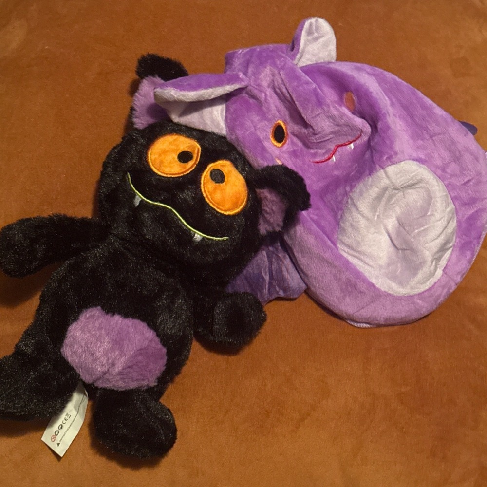 Reversible Bat Plush 2 in 1 Stuffed Animal Zip Around Purple Blk Halloween 10"